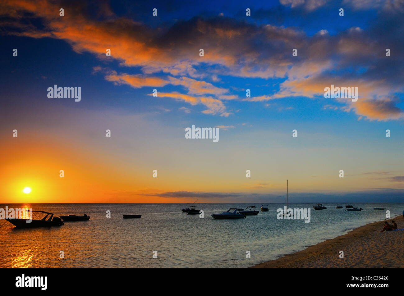Sunset view across the Baie de la Grande Riviere Noire from the beach