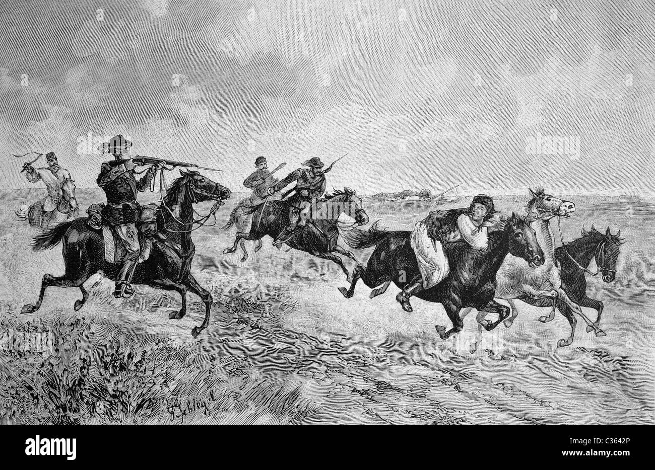 Pursuit of a horse thief in Hungary, historical illustration circa 1893 ...