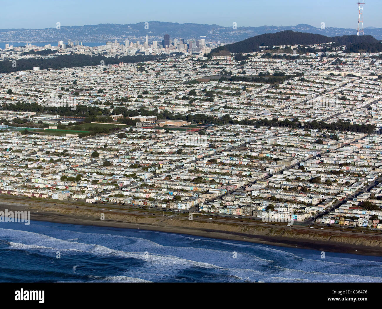 aerial photograph Pacific Ocean Sunset district to downtown San Francisco California Stock Photo