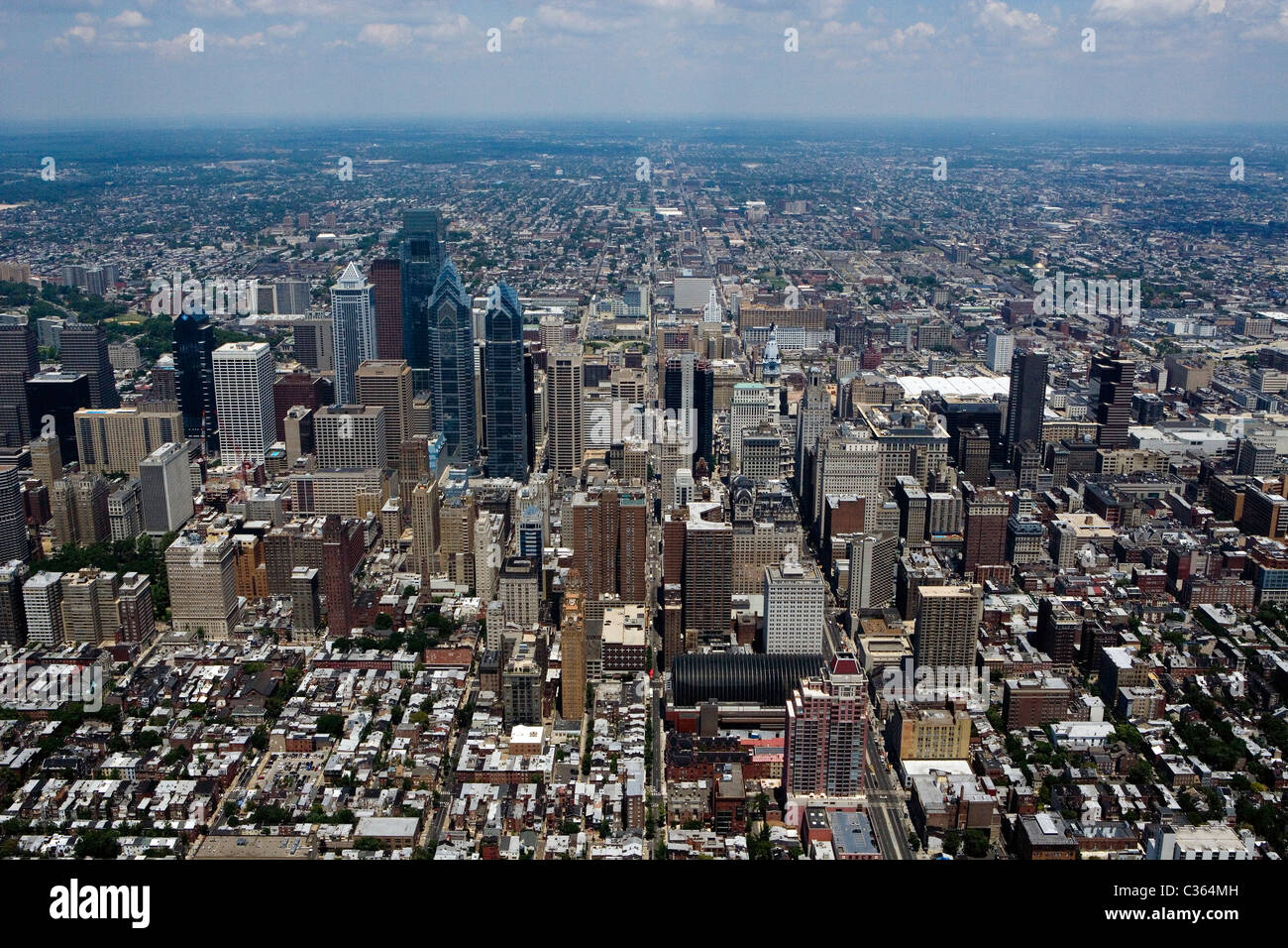 Aerial view of Philadelphia, Pennsylvania, with a focus on