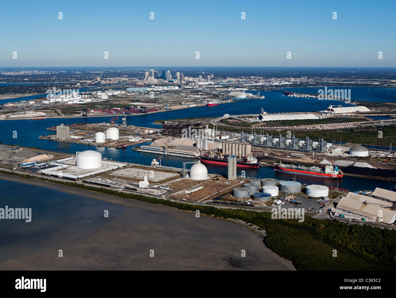 aerial view above Kinder Bulk Terminals Tampa Florida Stock