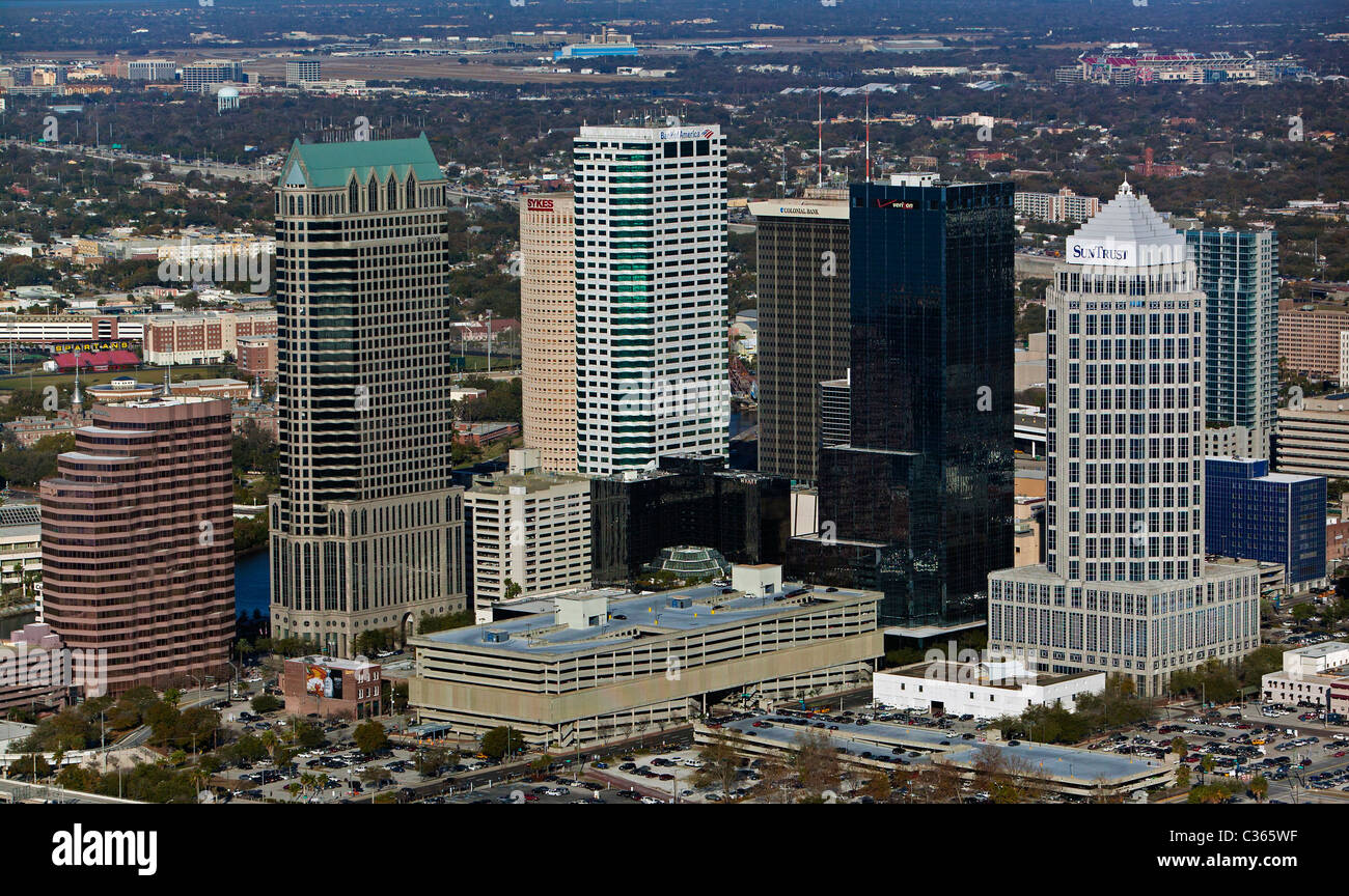 aerial view above Tampa high rise office towers including 100 North Tampa and Sun Trust Financial Center  Florida Stock Photo