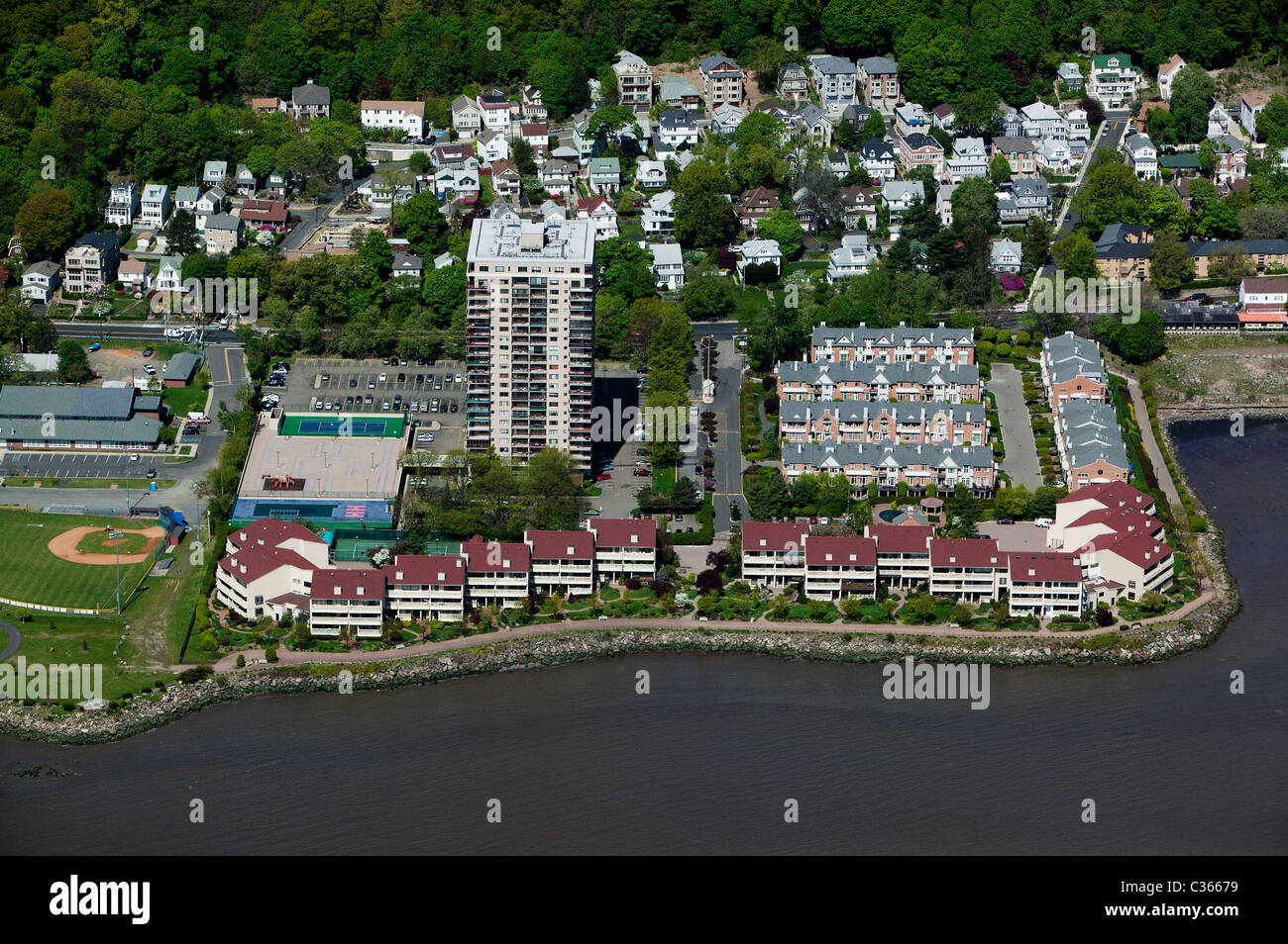 aerial view Edgewater New Jersey Hudson river waterfront Stock Photo