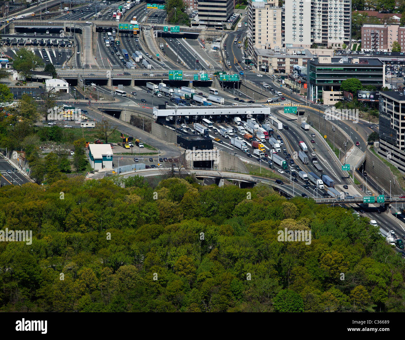 aerial view above Washington bridge toll plazas on New Jersey