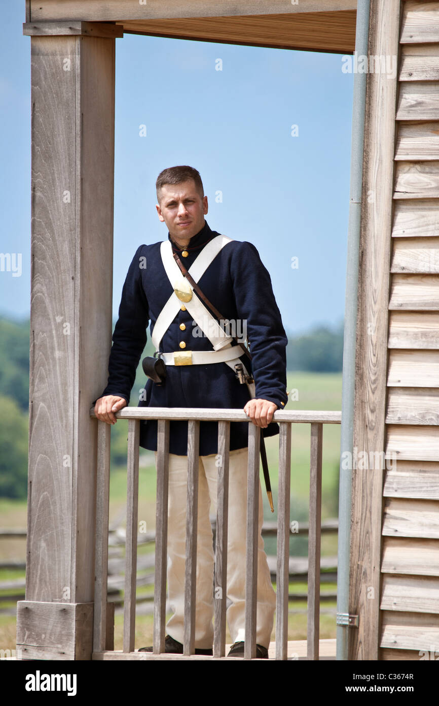 Union marine reenactor overlooks the battlefield from the porch of the Henry House  on the Manassas National Battlefield. Stock Photo