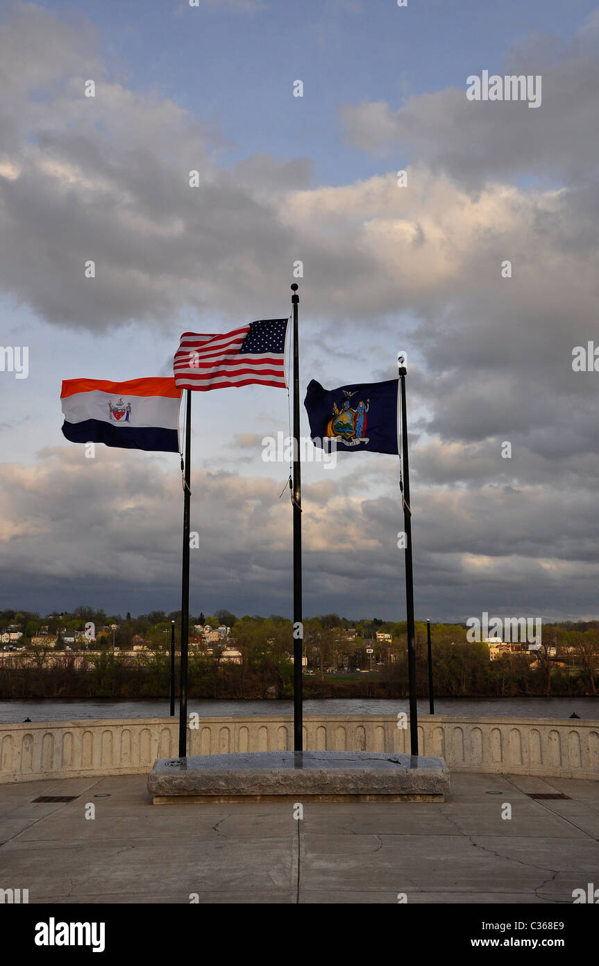 Albany New York America Flags waving in wind. Stock Photo