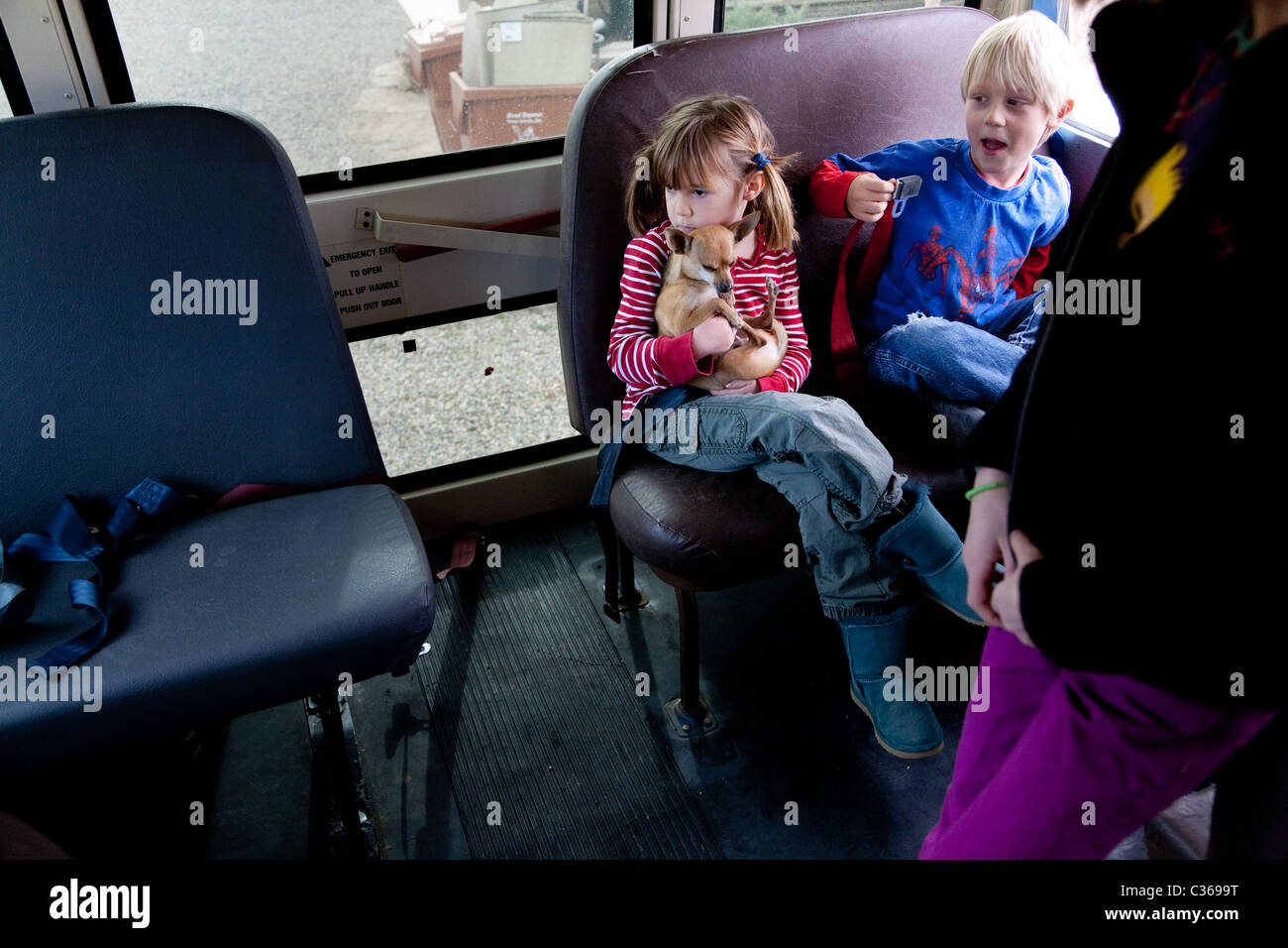 Three elementary school children riding the school bus. Girl holding ... Three elementary school children riding the school bus. Girl holding ...