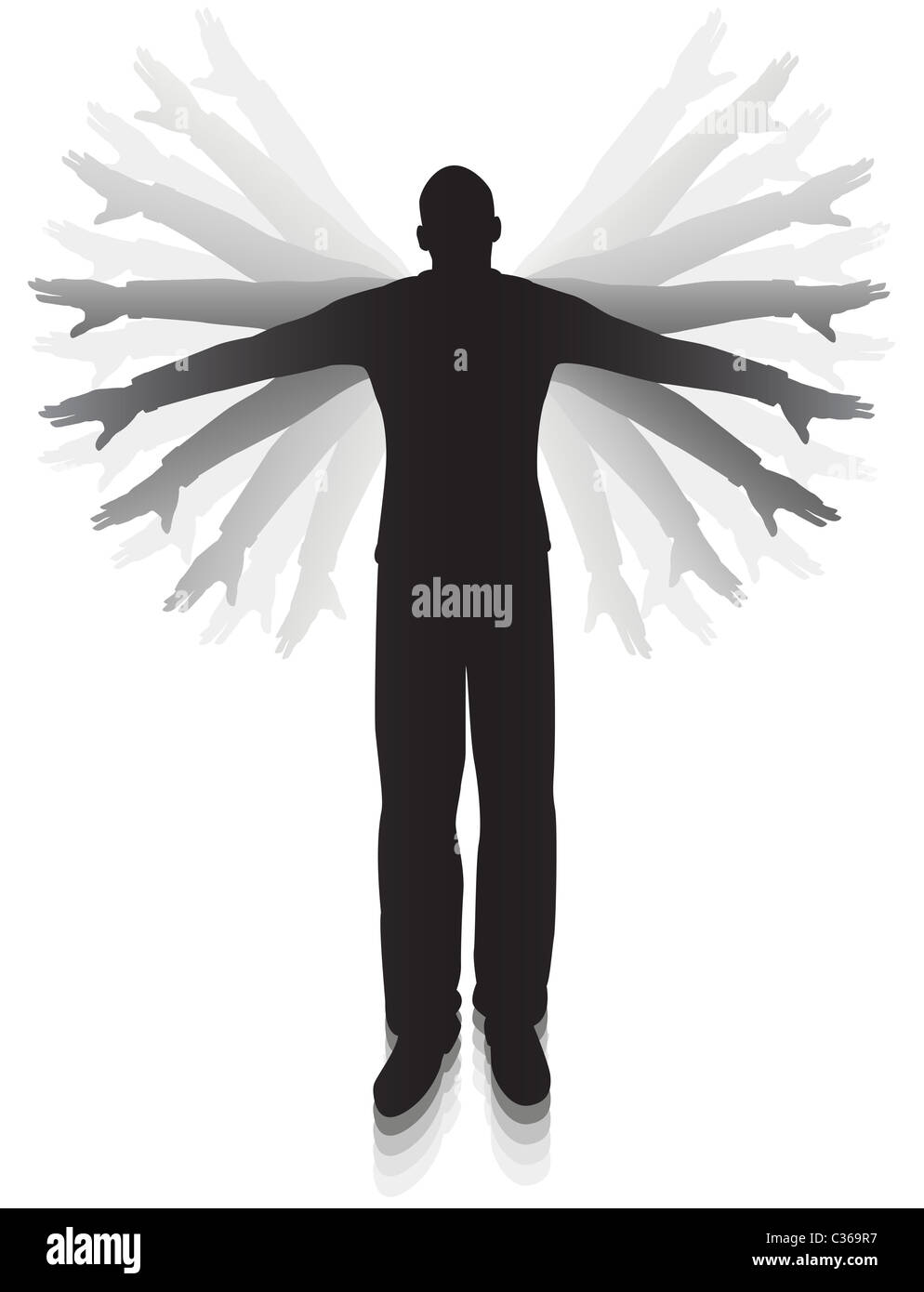 Illustrated silhouette of a man flapping his arms trying to fly Stock