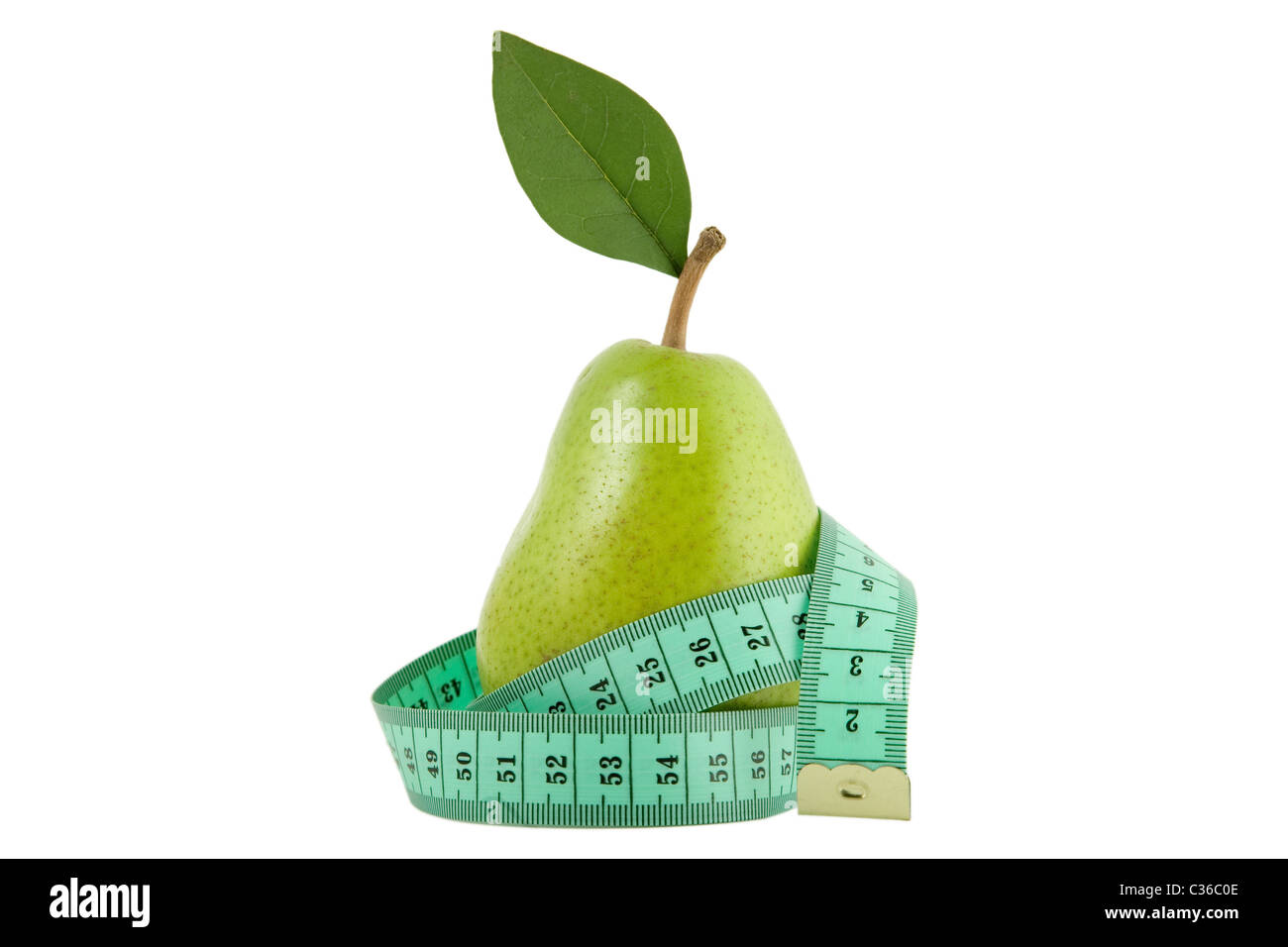 green pear with leaf and measurement tape, diet and healthy life concept Stock Photo