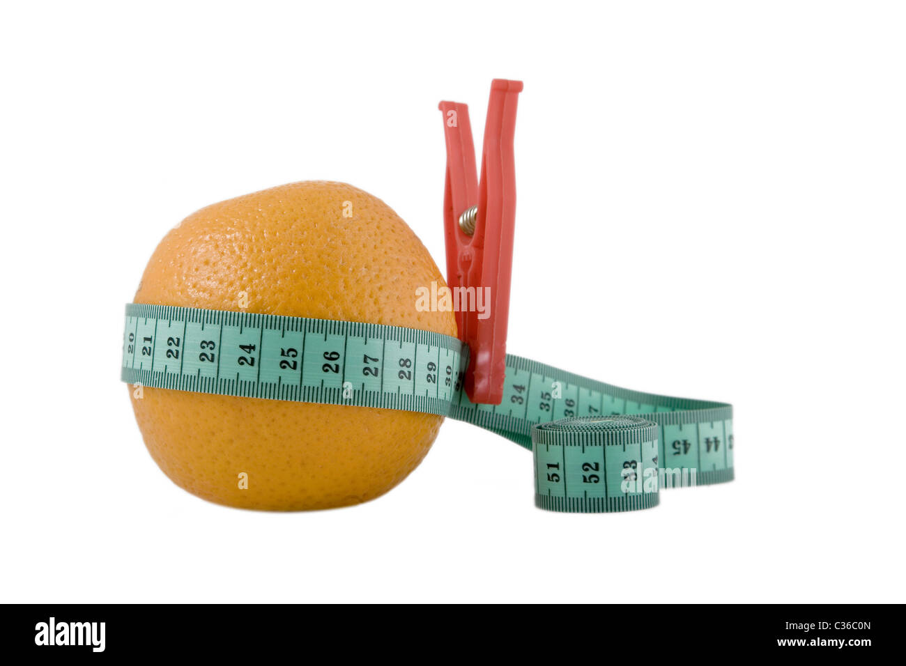 Fresh orange with measuring tape on white background Stock Photo