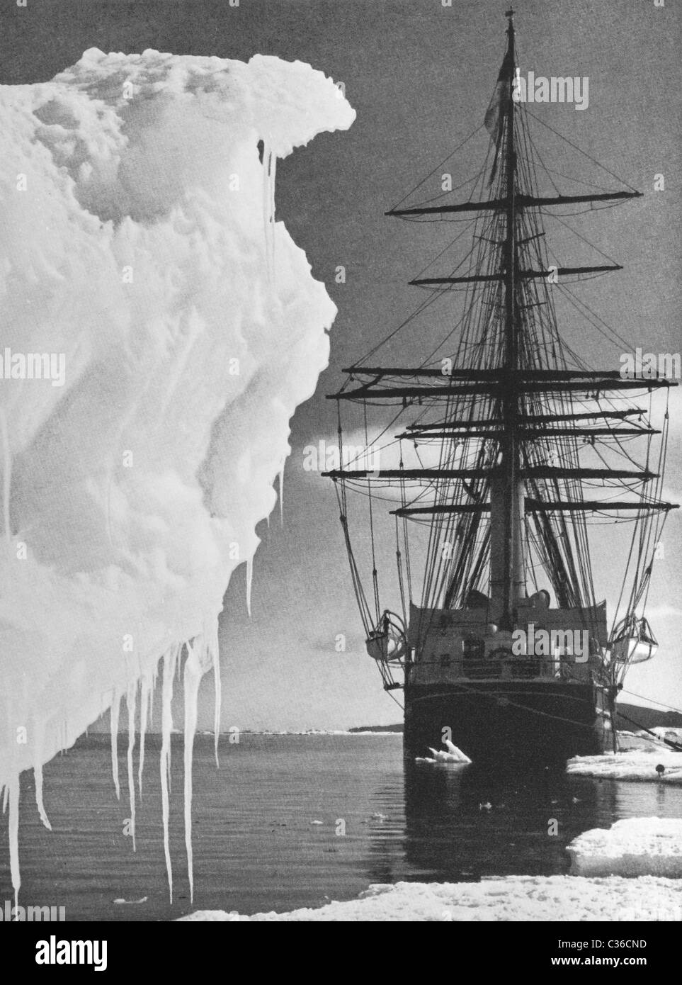 Vintage photo of Robert Falcon Scott's ship 'Terra Nova' moored in Antarctica during the Terra Nova Expedition of 1910 - 1913. Stock Photo