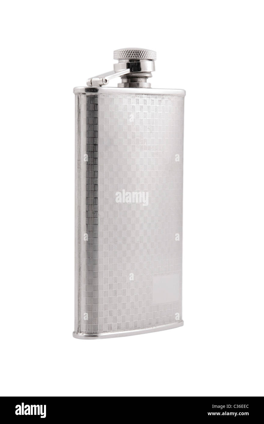 front view of metallic flask on white background Stock Photo