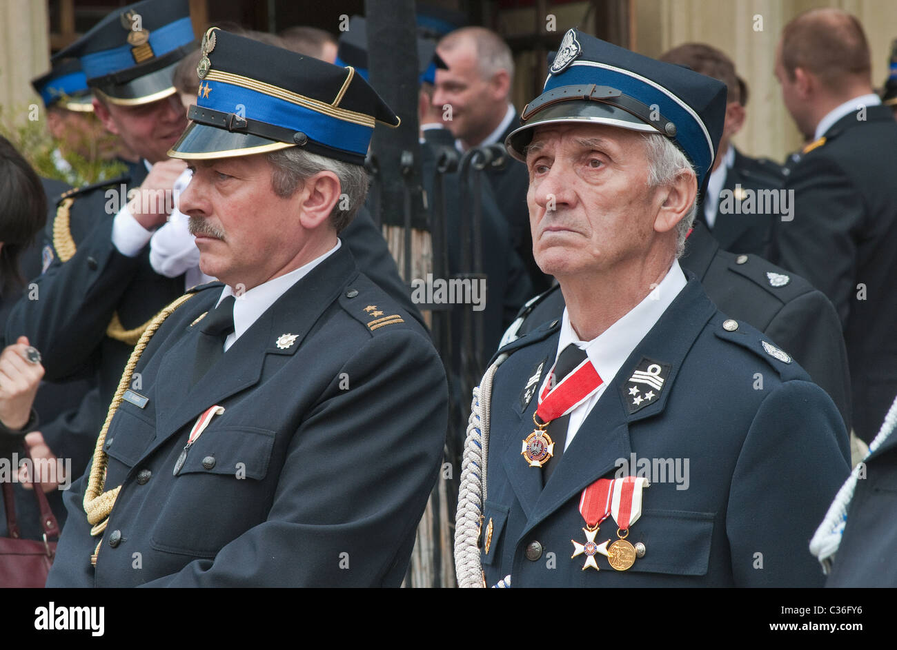 Veteran firemen at Firefighters Day festival at Rynek (Market Square) in Wrocław, Lower Silesia, Poland Stock Photo