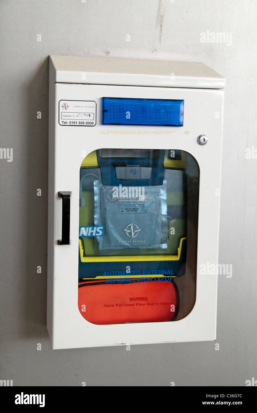 An 'automated external defibrillator' device on the wall inside Stratford Underground station, Stratford, East London, UK. Stock Photo