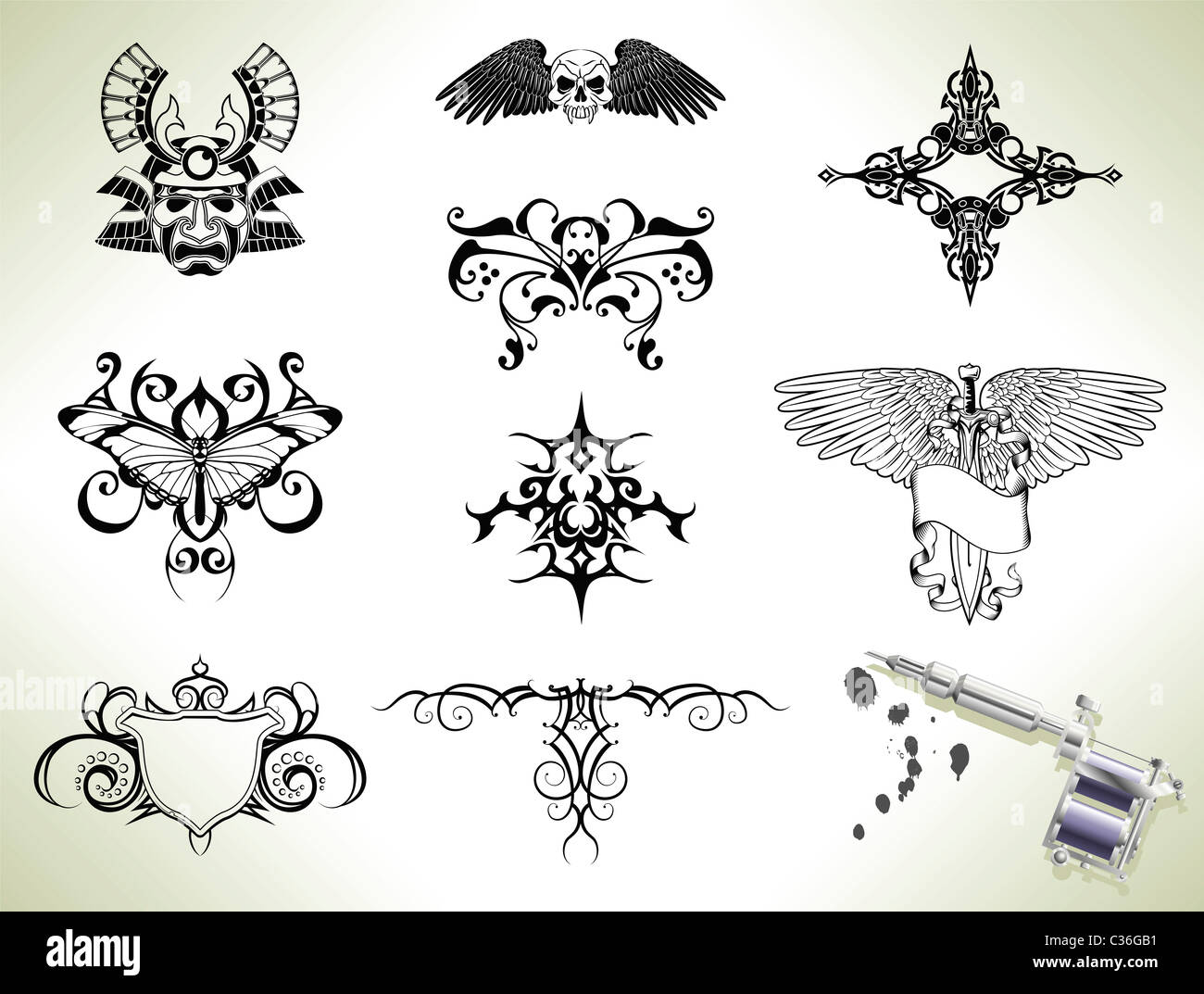 Series set of tattoo flash design elements with tattooists gun or machine Stock Photo