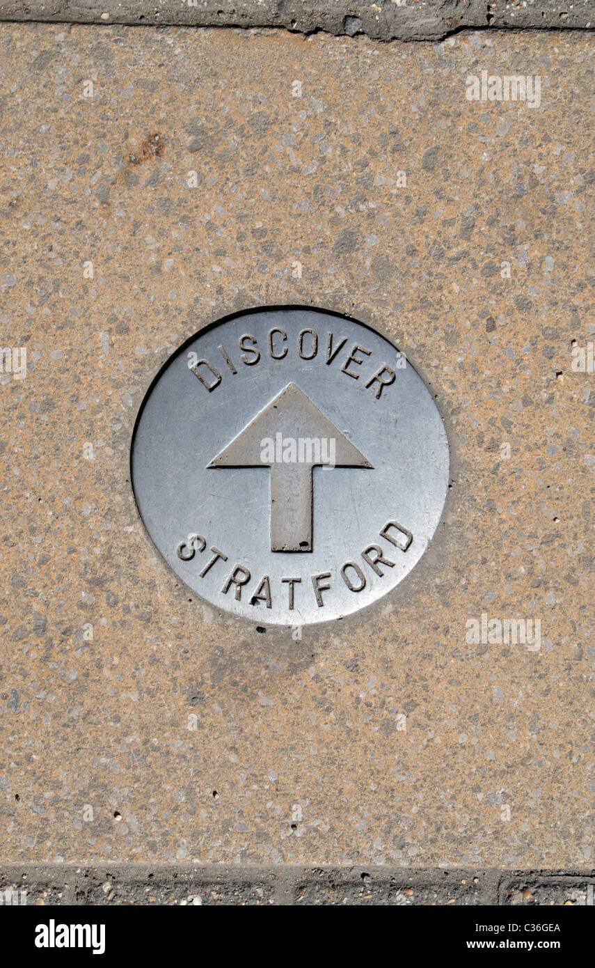 A Discover Stratford footpath marker in Stratford, East London, UK. Stock Photo