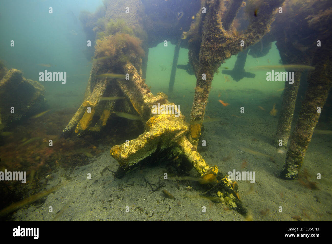 Wreckage of the engine of the Ilsenstein, one of the blockships on the seabed at Churchill Barrier No.2, Scapa Flow, Orkney Stock Photo