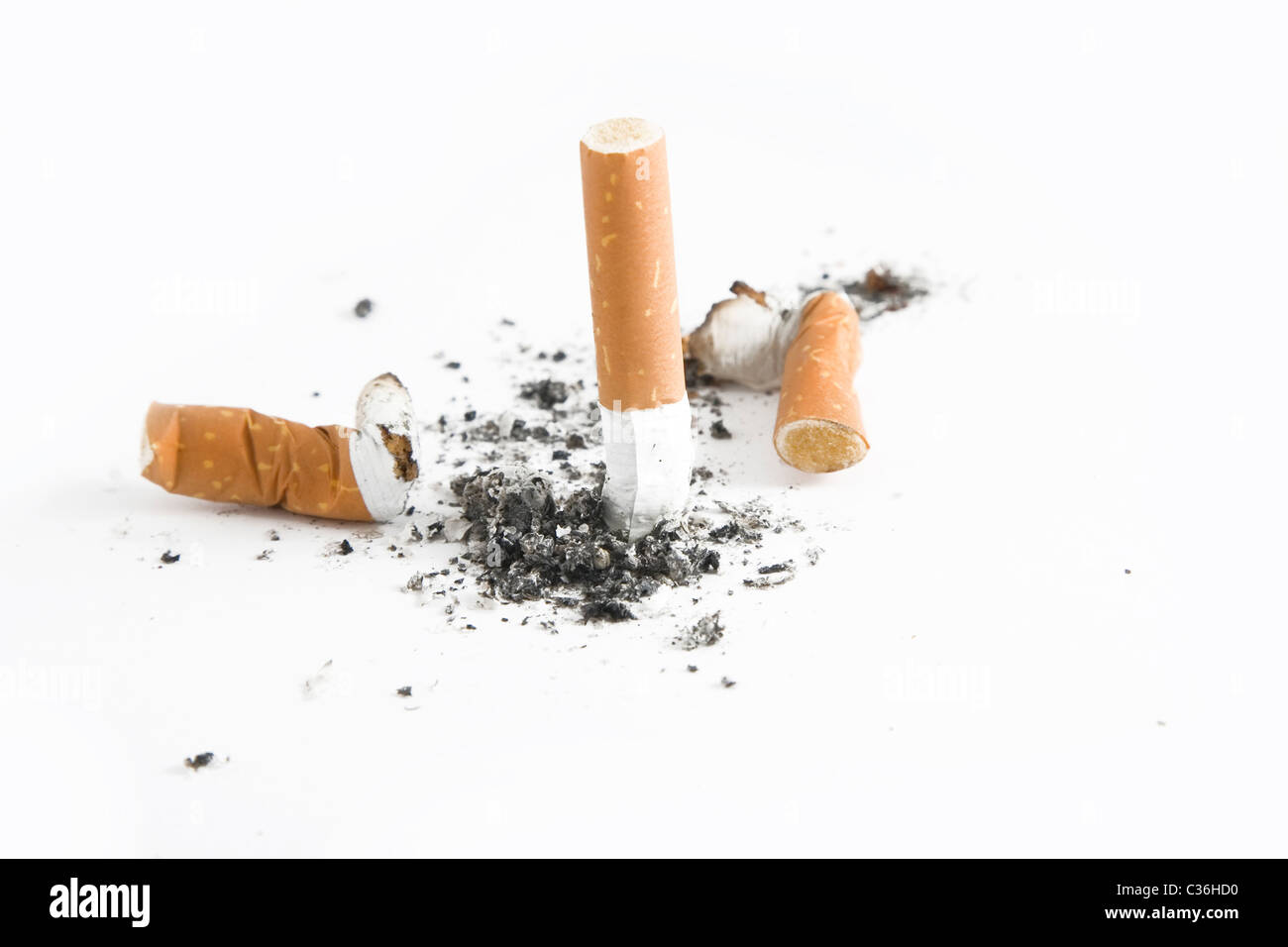 quit smoking - cigarette butts, smoking concept, over white Stock Photo