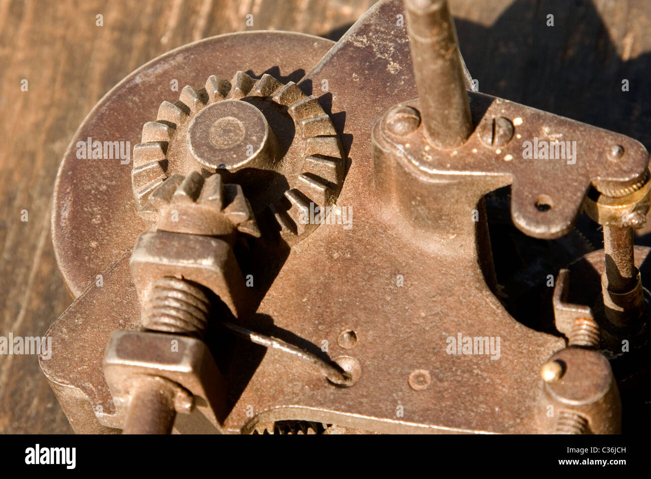 close up of rusty mechanism with interlocking gear Stock Photo