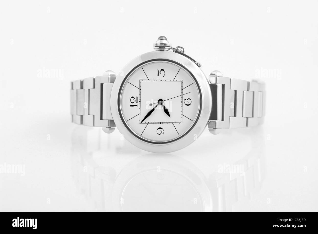 front view of luxury watch, silver and black Stock Photo