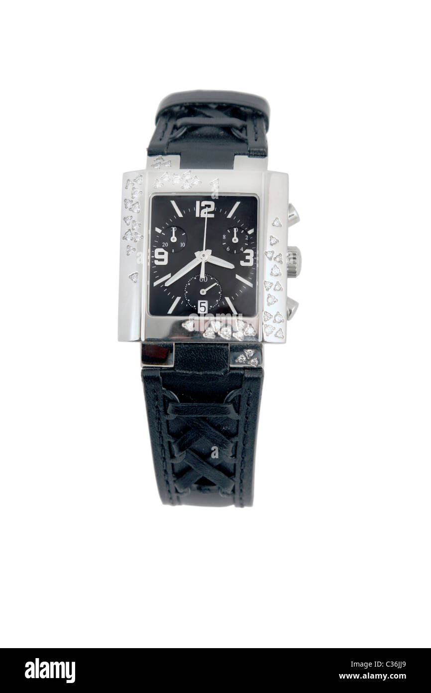 front view of black leather and white gold watch Stock Photo