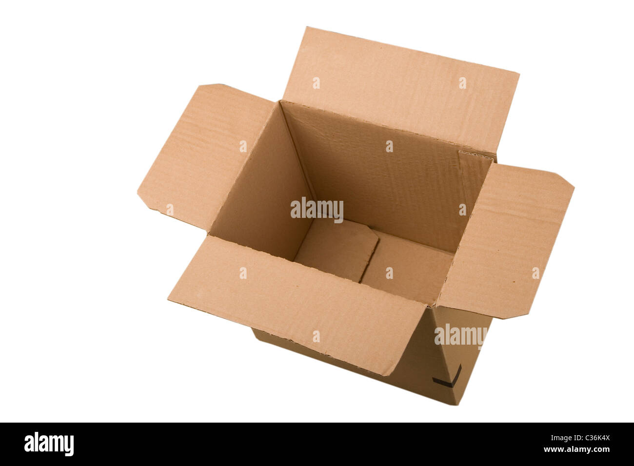open corrugated cardboard box on white background Stock Photo