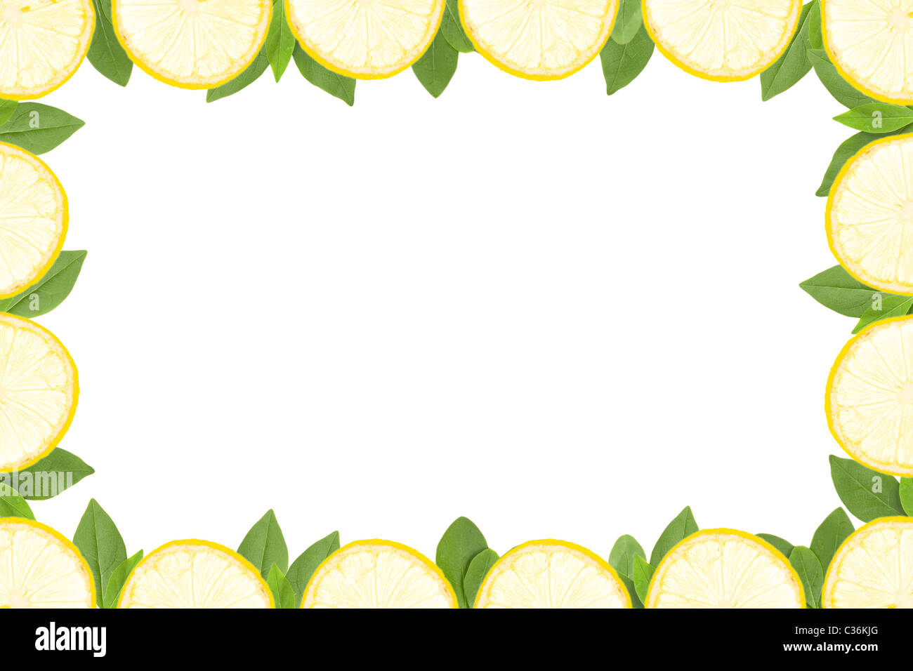 frame made of yellow lemon slices and green leaves on white background ...