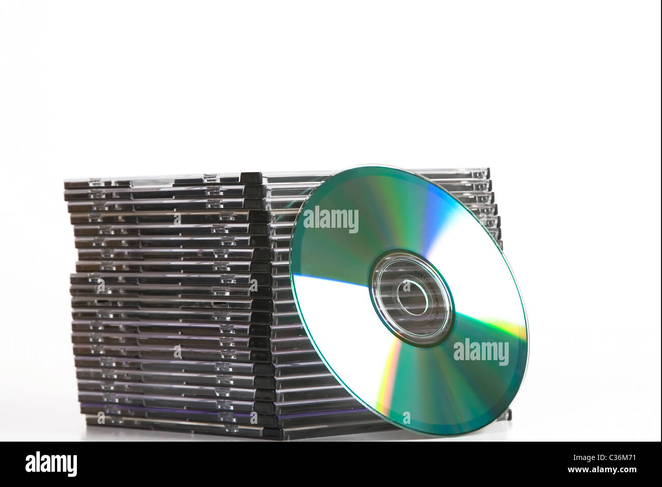 tower of cd dvd case on white background Stock Photo