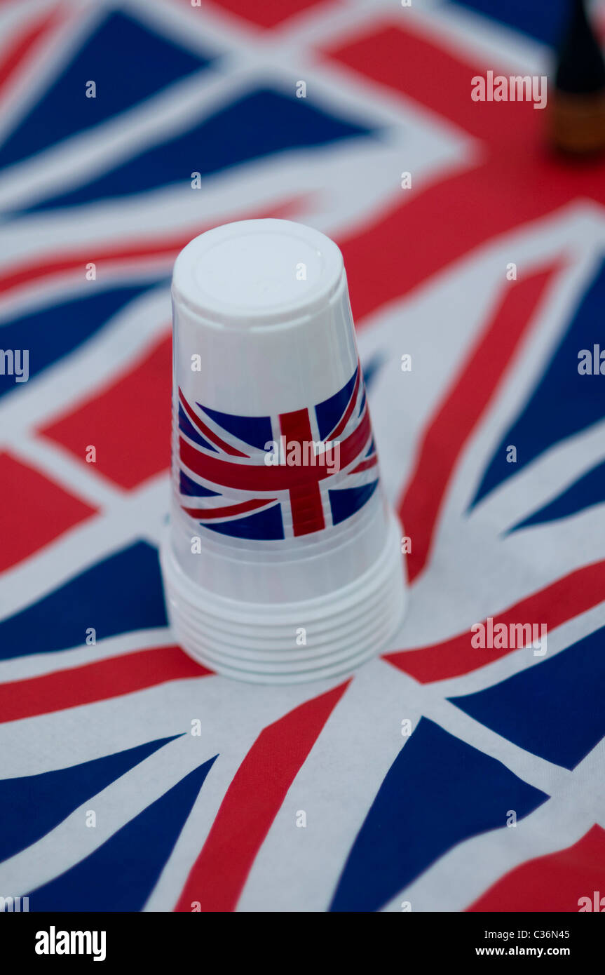 Union Jack table cloth and plastic cups Stock Photo Alamy