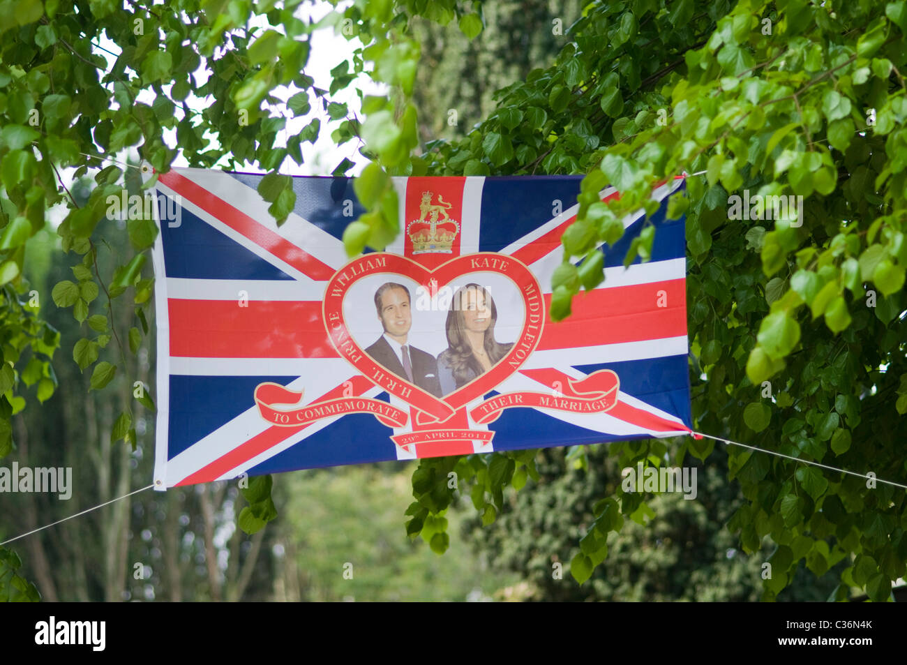 Flag of Prince William and Catherine Middleton for Royal Wedding Celebration in Banham, Norfolk Stock Photo