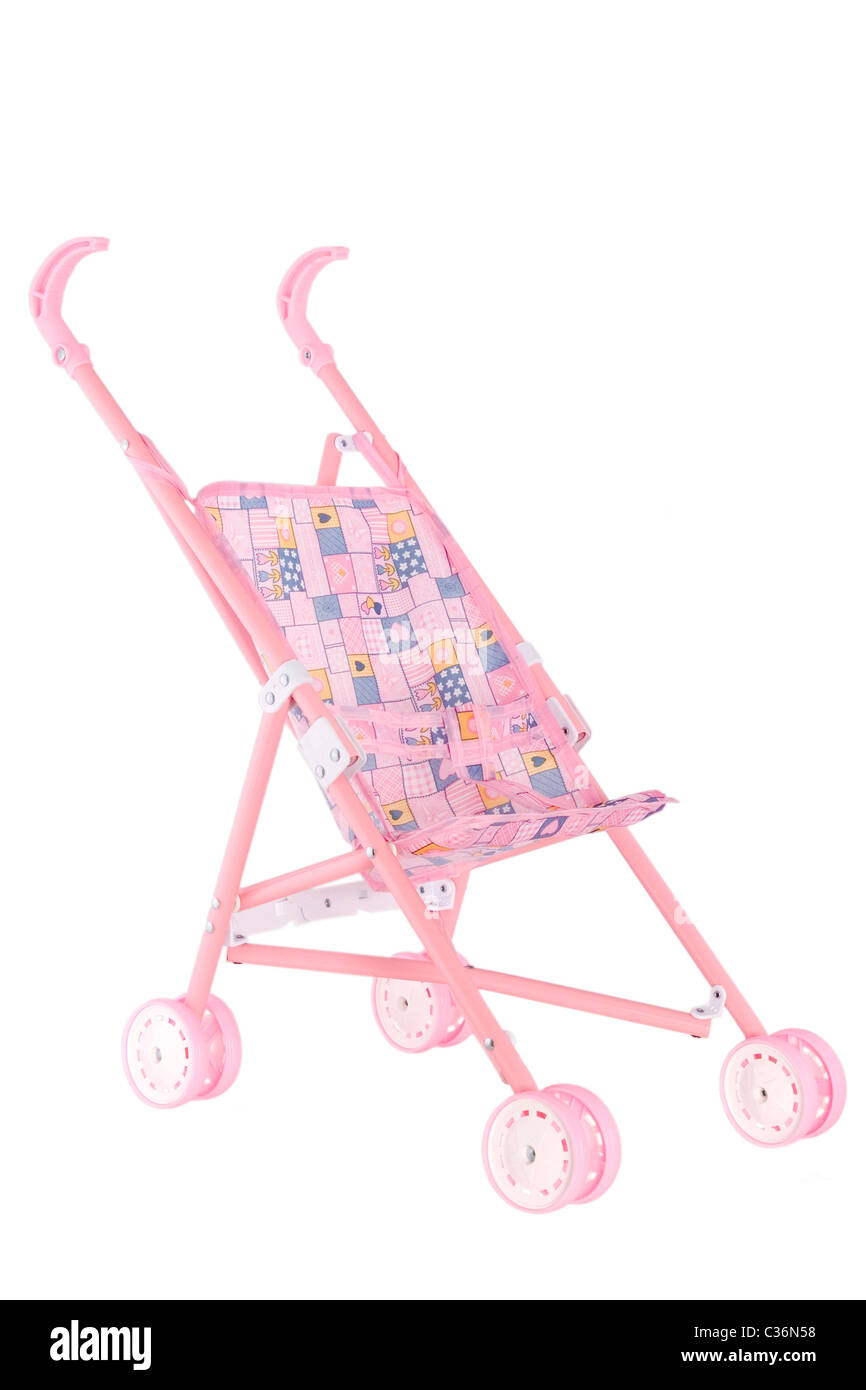 pink doll pram with wheels on white background Stock Photo