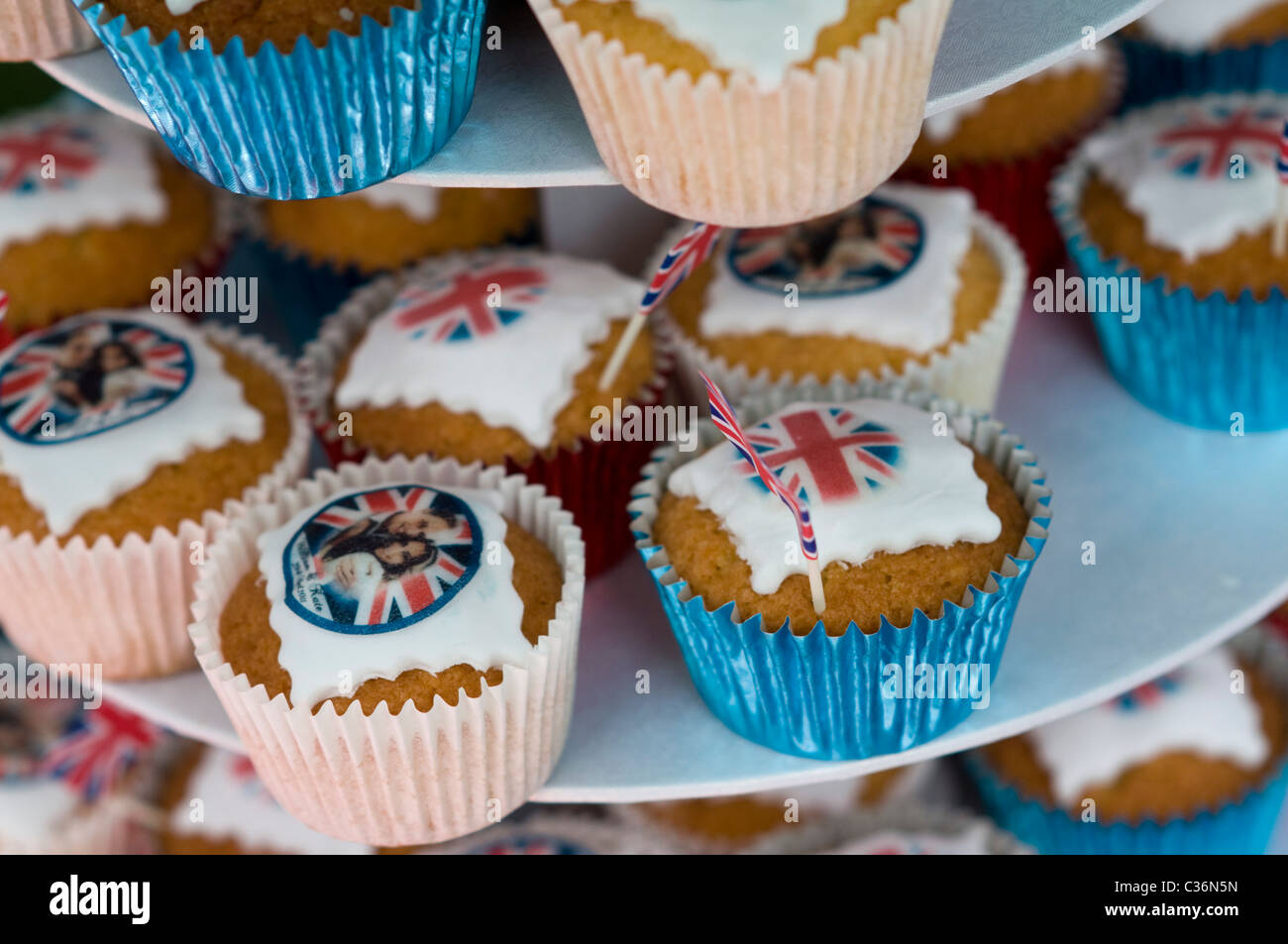 Cakes with the faces of Prince William and Catherine Middleton for Royal Wedding Celebration in Banham, Norfolk Stock Photo
