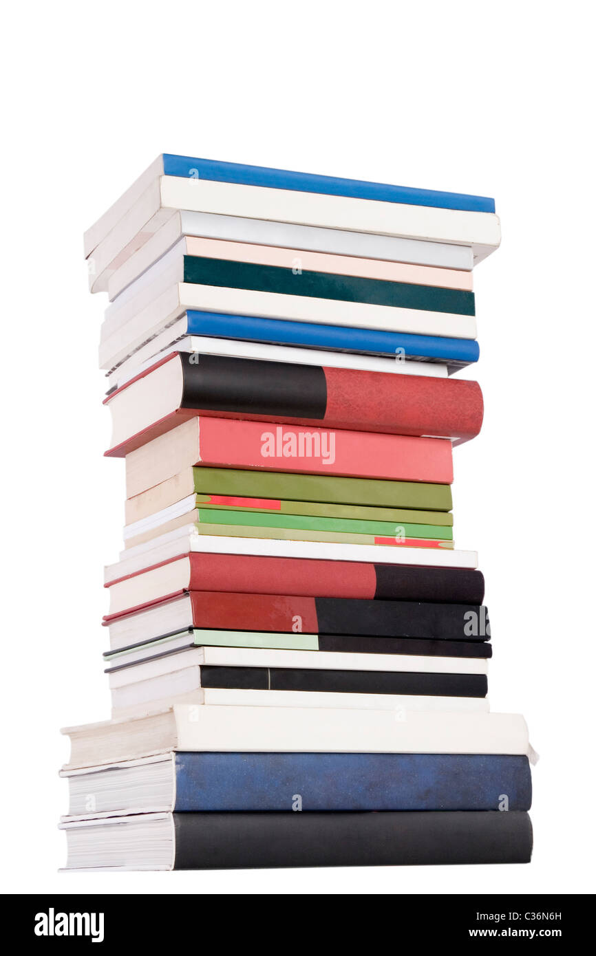 color tower books on white background arranged in stack Stock Photo Alamy