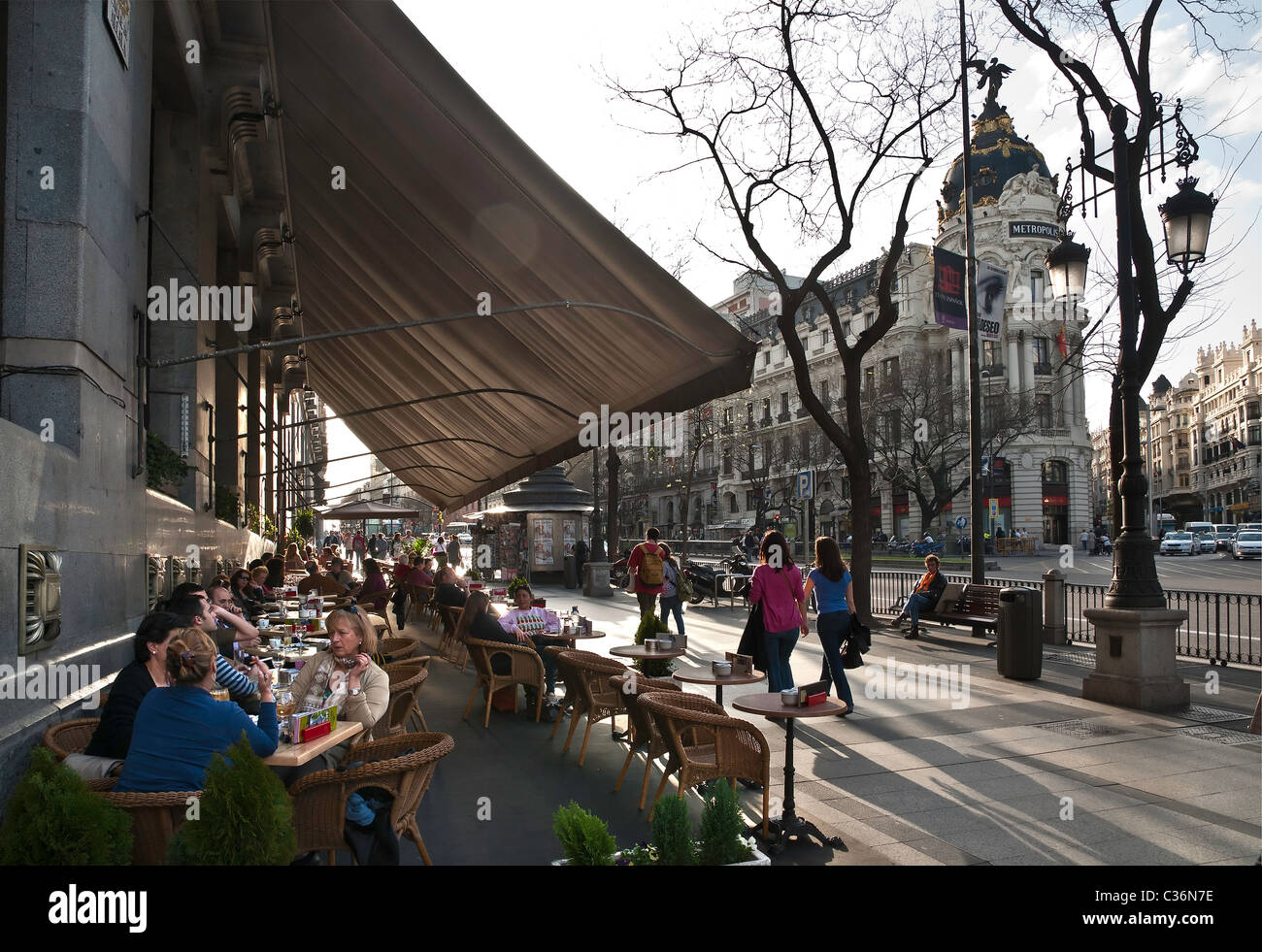 Late afternoon at the Circulo de Bellas Artes cafeteria on the junction of Calle Alcala and the Gran Via, Madrid, Spain Stock Photo