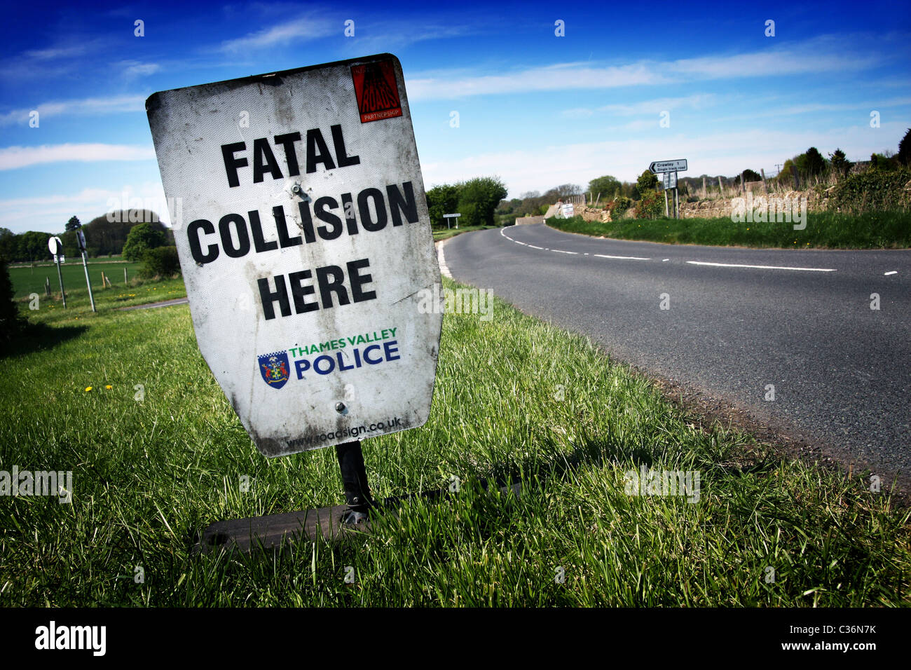 Fatal Collision Here Sign in Oxfordshire Stock Photo