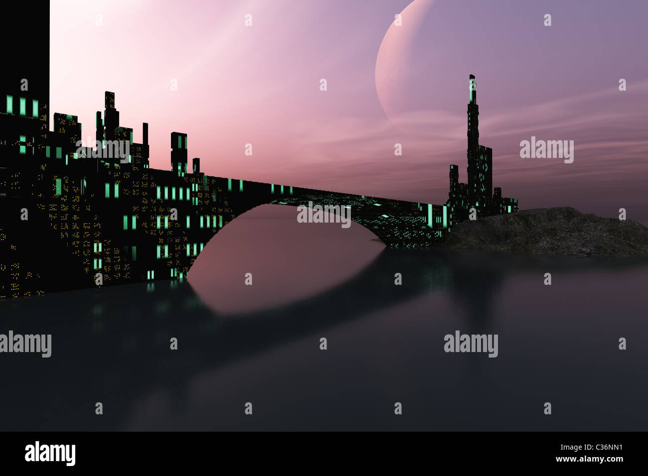 A beautiful city is reflected in calm waters on another world out in the galaxy. Stock Photo