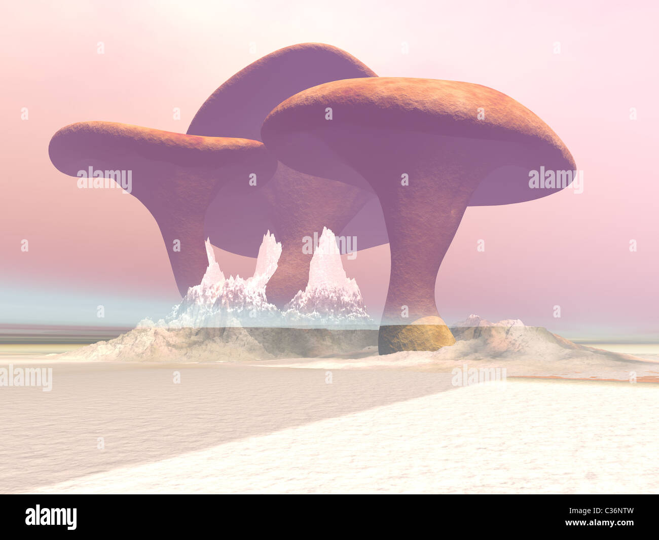 Huge mushrooms grow in this misty fantasy world of giant plants. Stock Photo