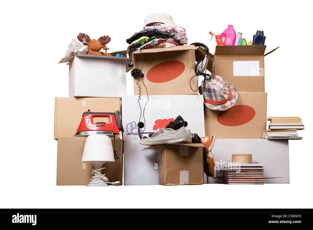 transport cardboard boxes with books and clothes, relocation concept Stock Photo