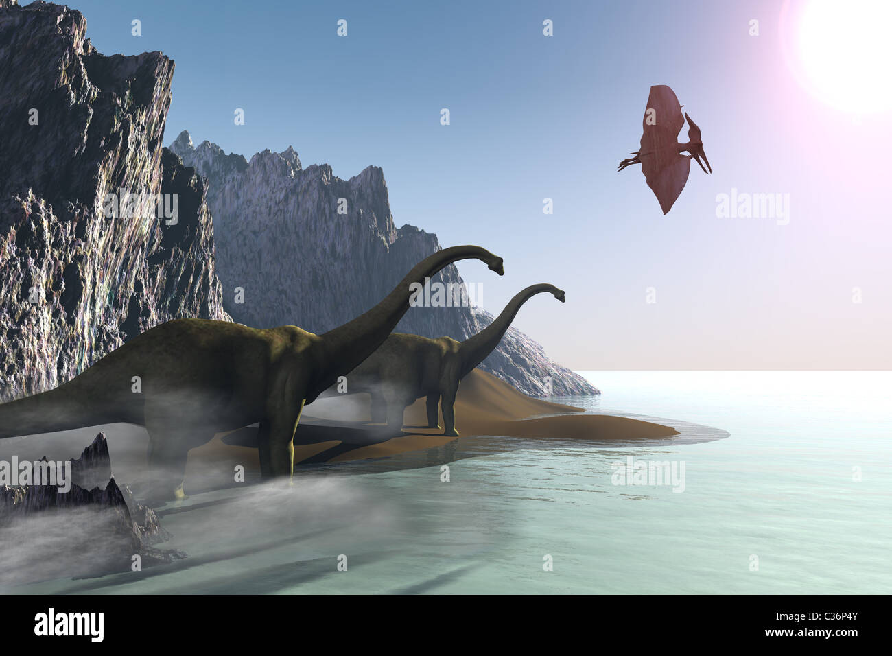 Two dinosaurs come to the shore for a drink of water. Dinosaurs in this