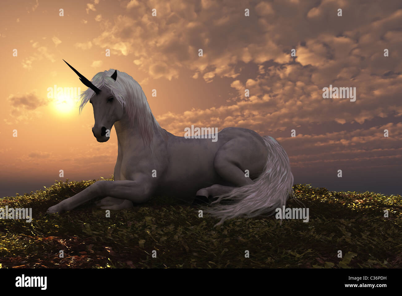 The Fabled Unicorn Creature Laying On A Hilly Knoll At Sunset Stock Photo Alamy