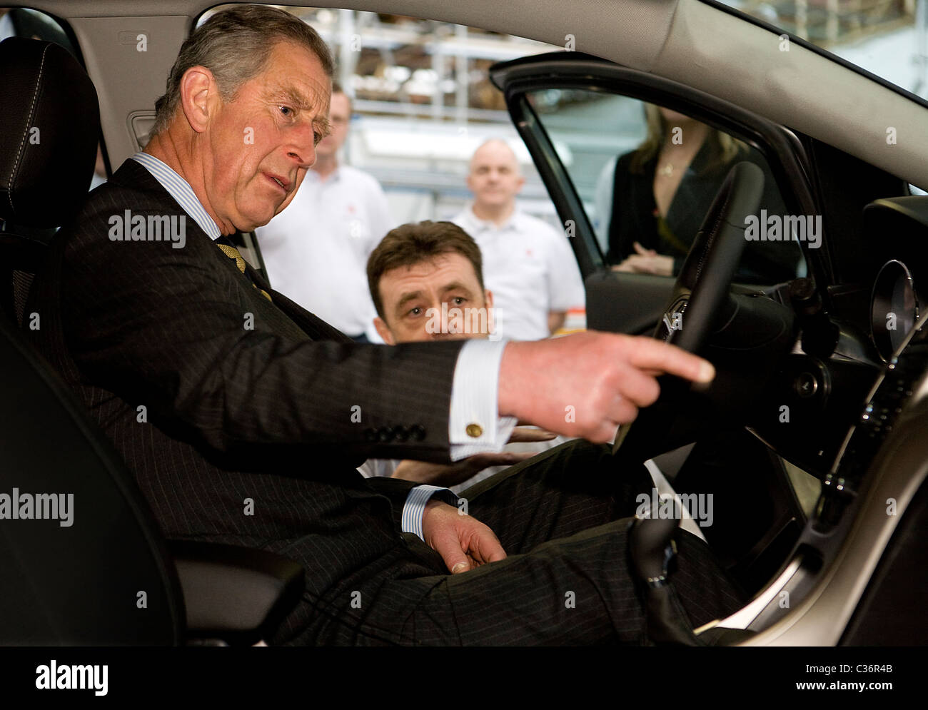 HRH The Prince of Wales visits Vauxhall Motors Ellesmere Port Cheshire to see the new Vauxhall/Opel Astra Stock Photo