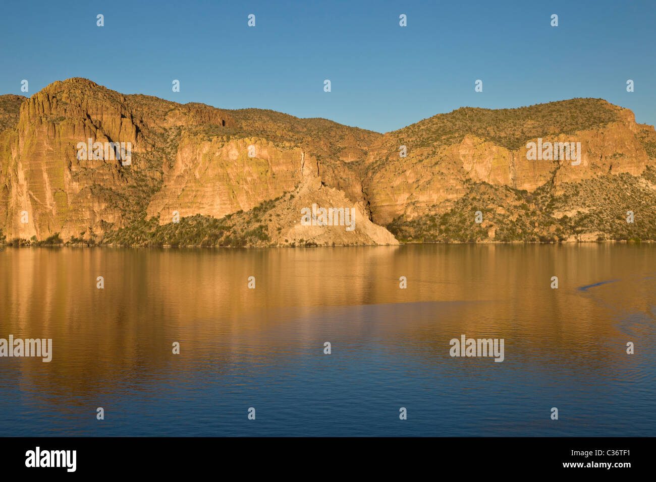 Mountains reflected in the Theodore Roosevelt Lake near Phoeniz Arizona, USA. Stock Photo