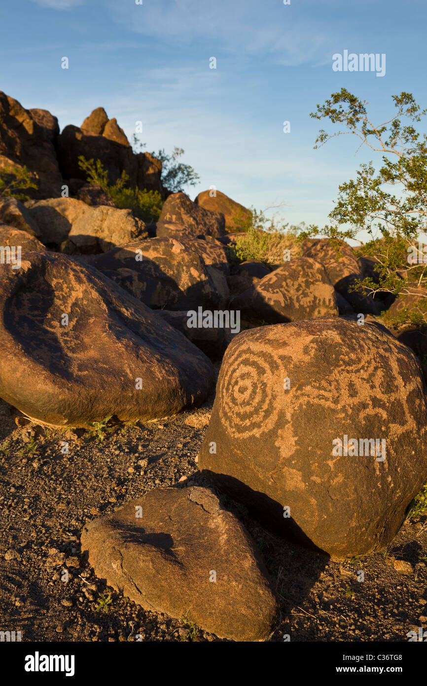 Ancient rock art, Western Archaic and Gila Style, at the Painted Rock Petroglyph Site near Gila Bend, Arizona, USA. Stock Photo
