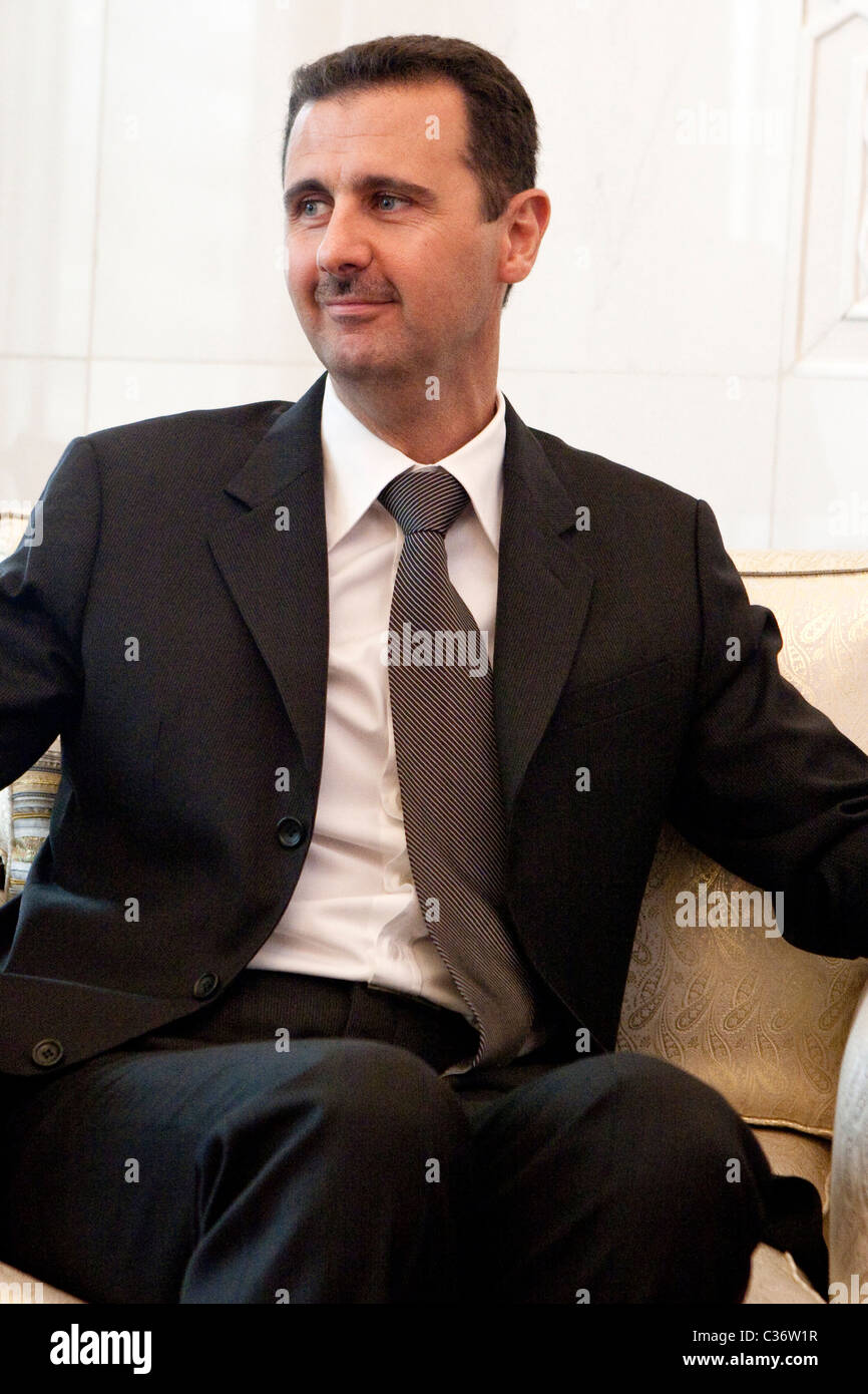Syrian President, Bashar al-Assad , during a meeting with Western journalists at the People's Palace in Damascus. Syria. Stock Photo