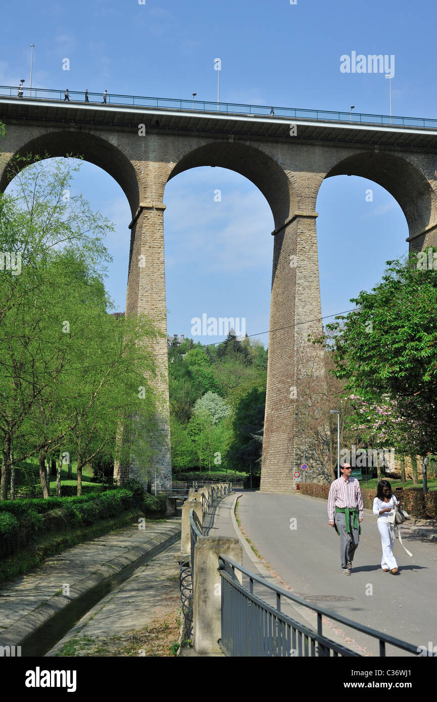 The Passerelle or viaduct spans over the Pétrusse valley at Luxembourg, Grand Duchy of Luxembourg Stock Photo