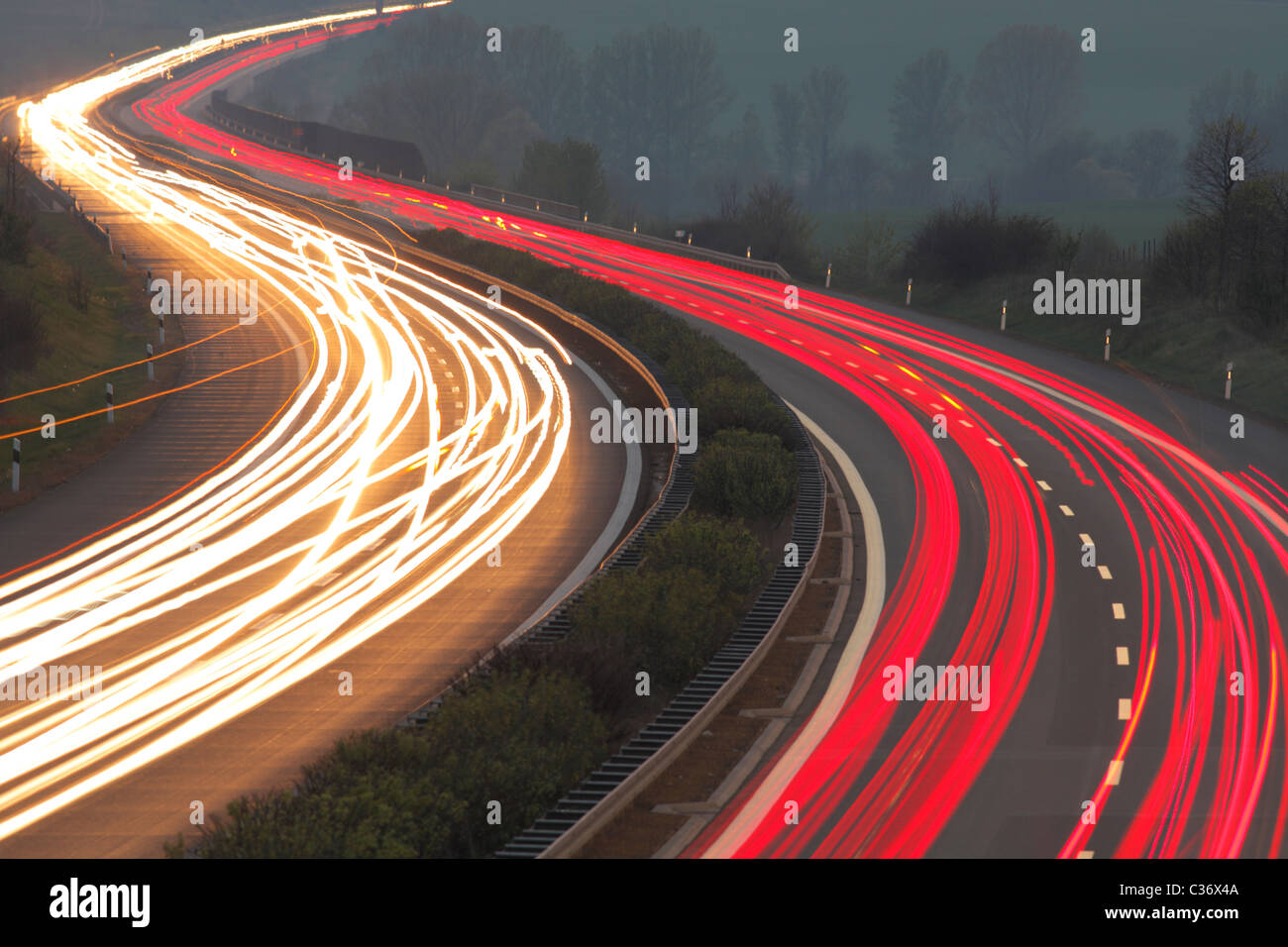 light trails on German Motorway A 14 Stock Photo