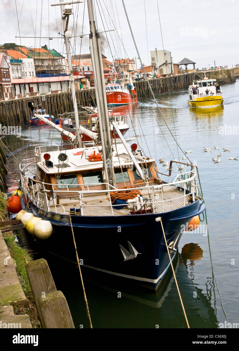 Fishing sailing and tourist boats in Whitby harbour harbor north Yorkshire England Europe Stock Photo