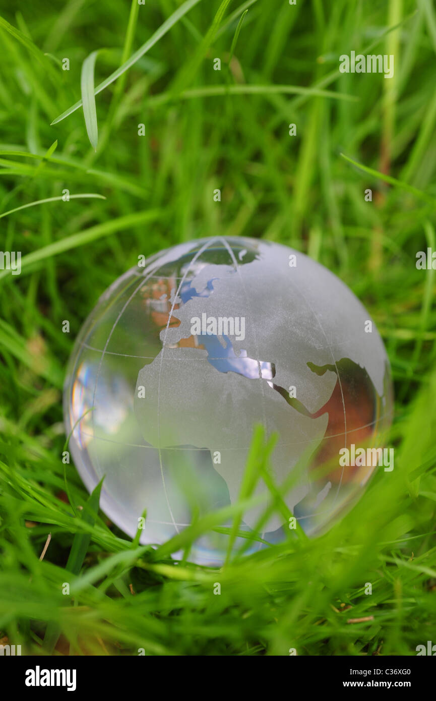 Glass globe in green grass global warming climate change earth ...