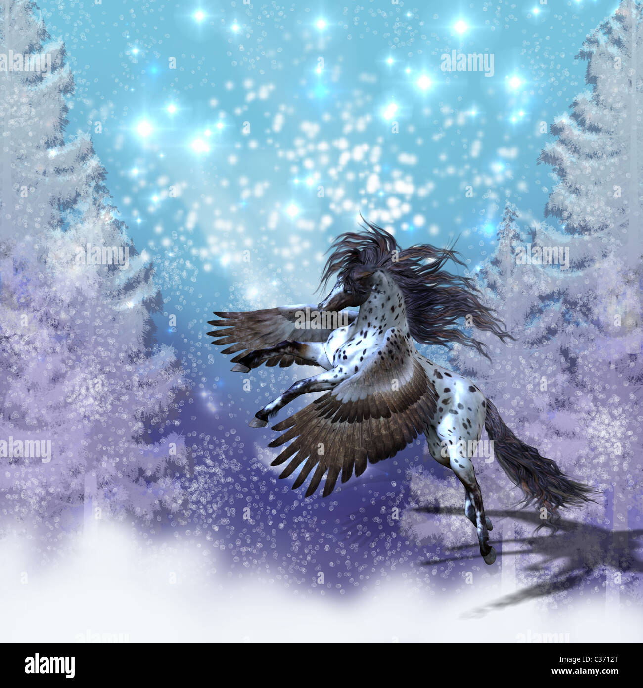 Spotted Appaloosa Pegasus flies during a snowy winter day Stock Photo