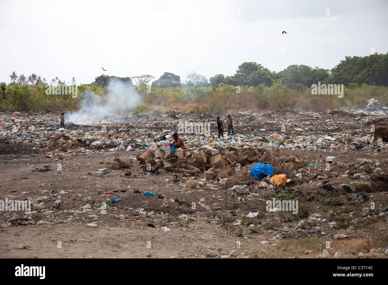 Africans sorting through waste on roadside rubbish tip Mtwapa Mombasa Kenya Stock Photo